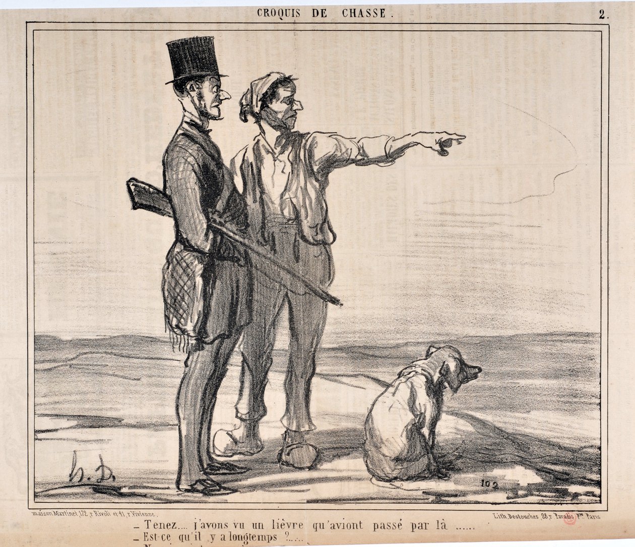 Umělecké dílo Honore Daumiera (1808-1879) Charivari pochází z roku 1857: Serie sketches de chasseur „“ Hold... Viděl jsem přístav, který měl u... - Je to tak dlouho?...““ MUZEUM OF VÝTVARNÉ UMĚNÍ - PALACE LONGCHAMP, MARSEILLE od Honoré Daumier