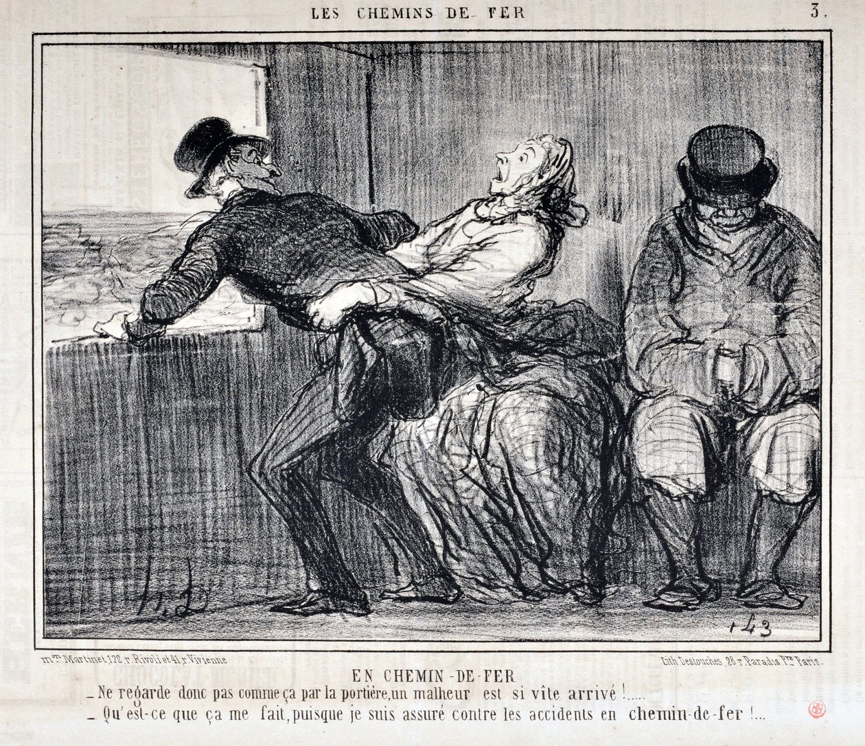Umělecké dílo Honore Daumiera (1808-1879). Charivari pochází z roku 1858: Serie LES RAILWAYS po železnici “” -Tak se nedívejte tak za dveřmi, neštěstí přichází tak rychle!... “Co mi na tom záleží, vždyť jsem pojištěn proti nehodám na railwa od Honoré Daumier