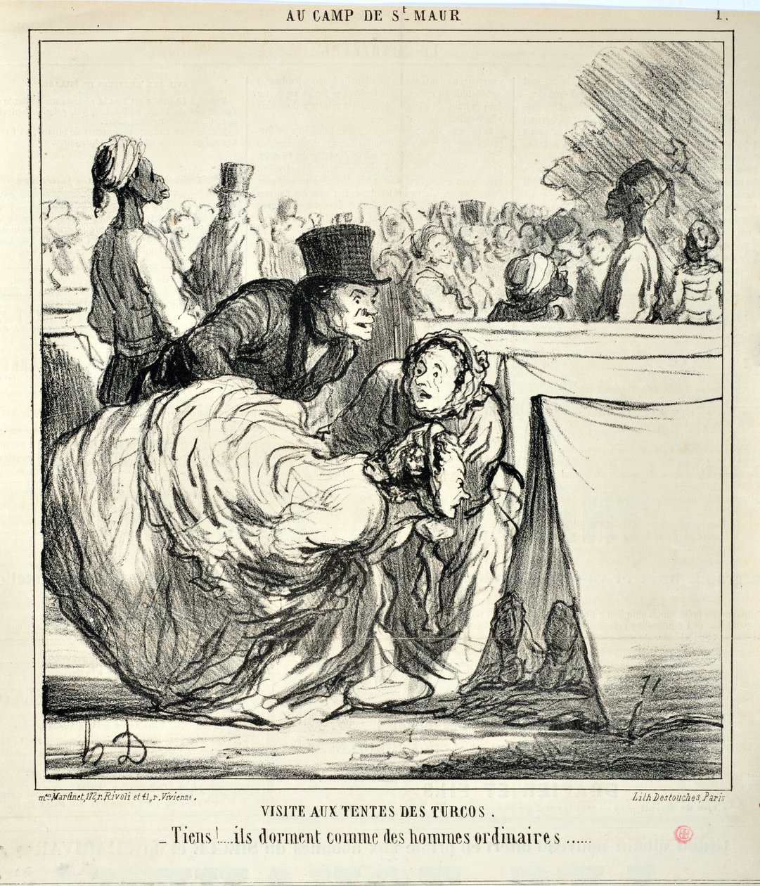 Umělecké dílo Honore Daumiera (1808-1879) Charivari pochází z roku 1859: Serie AU CAMP DE SAINT MAUR Návštěva stanů Turcos. “” -Tady!... spí jako obyčejní muži...” MUZEUM VÝTVARNÝCH UMĚNÍ - PALACE LONGCHAMP, MARSEILLE od Honoré Daumier