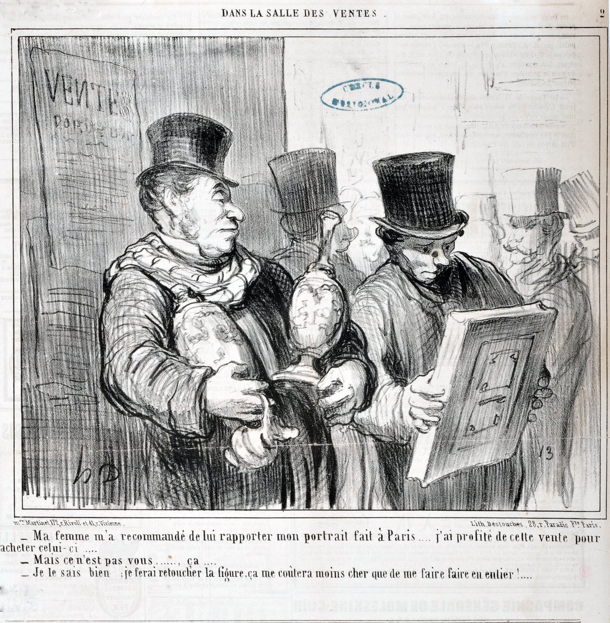 Dílo Honore Daumiera (1808-1879). Charivari pochází z roku 1859: Moje žena mi doporučila, abych jí přivezl svůj portrét z Paříže... Využil jsem výprodeje a koupil tento... -Ale nejste to vy... ca... - Já to vím, udělám t od Honoré Daumier