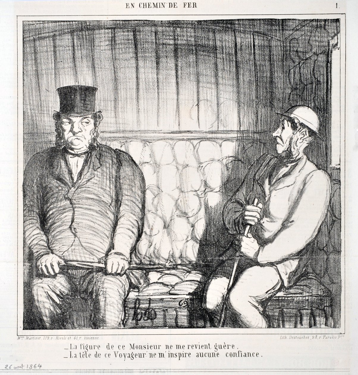 Umělecké dílo Honore Daumiera (1808-1879). Charivari pochází z roku 1864: Serie LES CHAINS DE RAILWAY „“ -Postava tohoto pána se mi nevrátí. - hlava tohoto cestovatele ve mně vzbuzuje nedůvěru””” MUSEE DES BEAUX ARTS - PALAIS LONGCHAMP, MARSE od Honoré Daumier