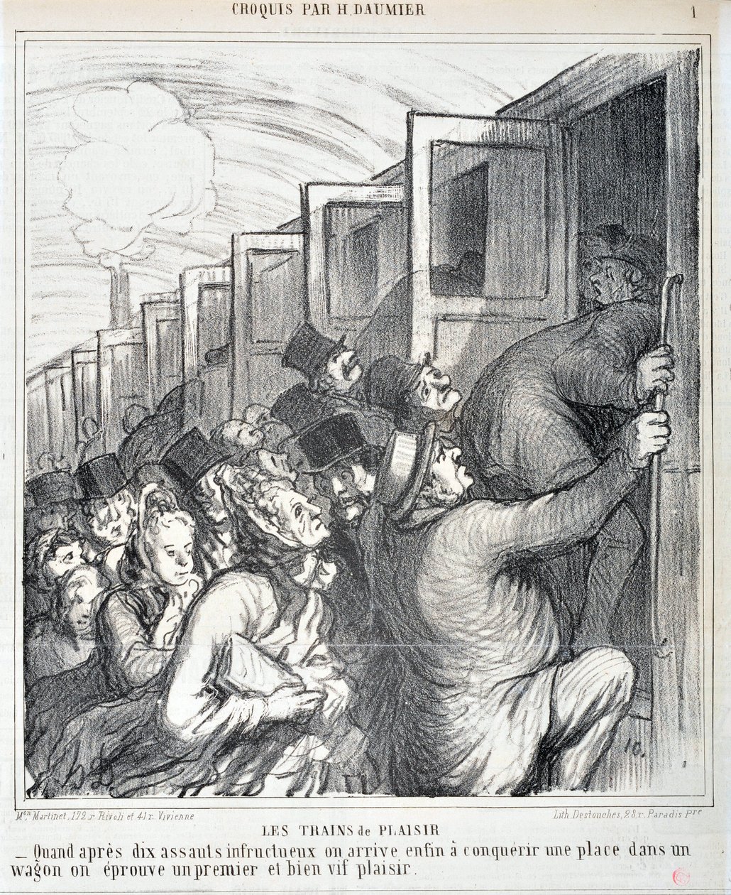 Umělecké dílo Honore Daumiera (1808-1879). Charivari pochází z roku 1864: Serie Sketch Les trains de plaisir “” - Když se nám po deseti neúspěšných útocích konečně podaří dobýt místo ve vagónu, zažijeme první a velmi živé potěšení””” MUSEE DES BEAUX AR od Honoré Daumier