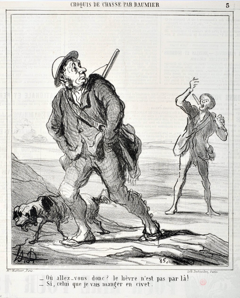 Umělecké dílo Honore Daumiera (1808-1879) Charivari pochází z roku 1864: Serie Sketch de Chasse “” Ou va donc? Zajíc tam není! - Pokud ten, který budu jíst v cibetce”” MUSEE DES BEAUX ARTS - PALAIS LONGCHAMP, MARSEILLE od Honoré Daumier