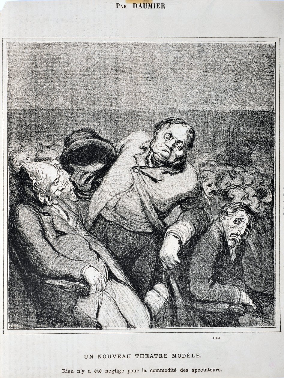 Umělecké dílo Honore Daumiera (1808-1879). Charivari pochází z roku 1864: Serie Sketches Pořízené v divadle Nový divadelní model. „Nic nebylo zanedbáno pro pohodlí diváků““ MUSEE DES BEAUX ARTS – PALAIS LONGCHAMP, MARSEILLE od Honoré Daumier
