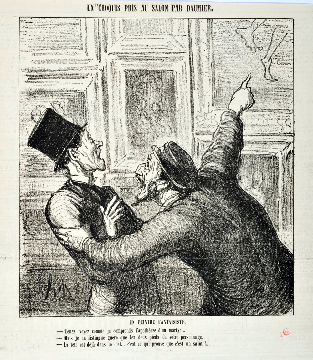 Umělecké dílo Honore Daumiera (1808-1879). Charivari pochází z roku 1865: Serie Sketches Pořízené v Salonu Rozmarný malíř. "Tady se podívej, jak rozumím apoteóze mučedníka... "Ale já vidím jen dvě nohy tvé osoby." - Hlava je už zvednutá od Honoré Daumier