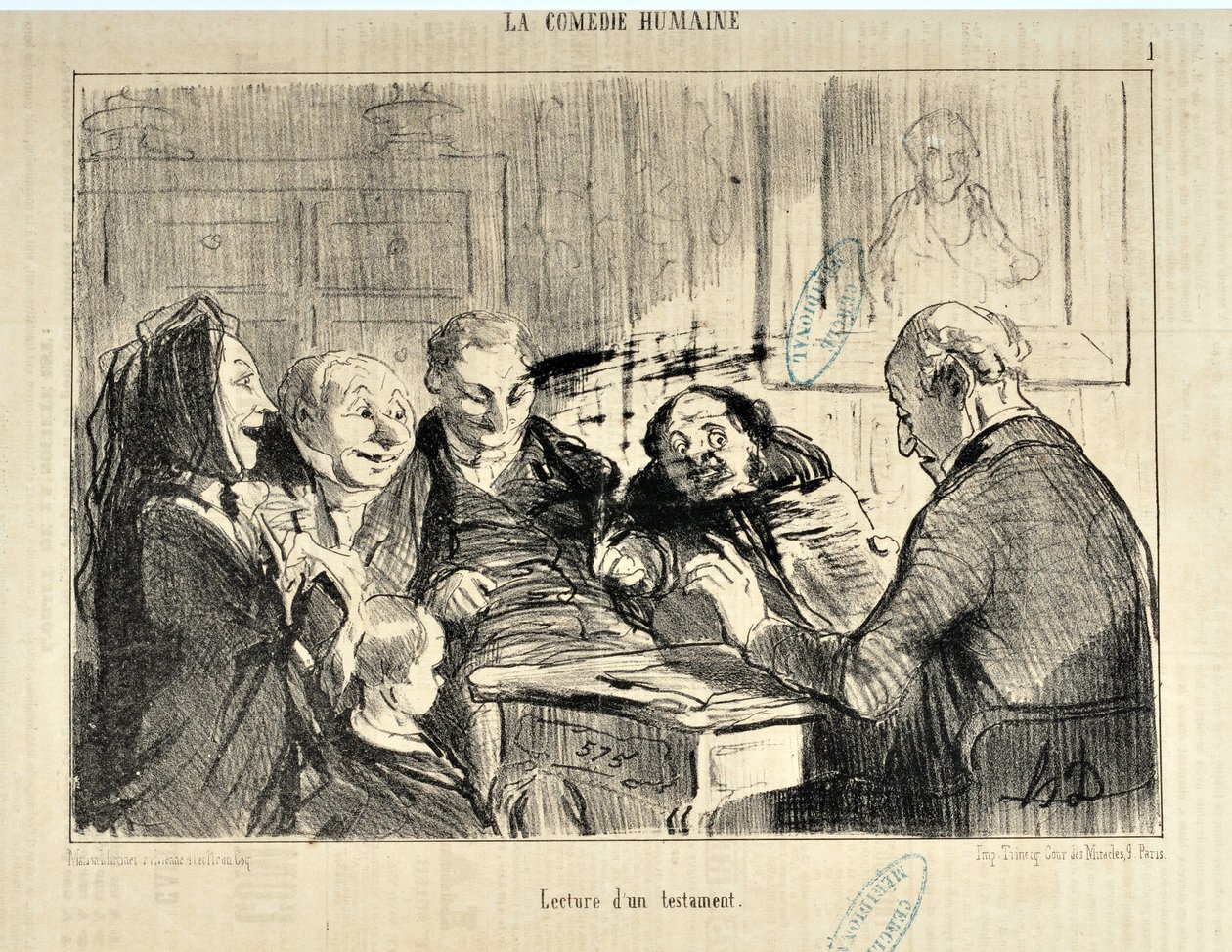 Umělecké dílo Honore Daumiera (1808-1879). V „“ Le Charivari ““ z 20. prosince 1853: Serie LA COMEDIE HUMAN „“ Čtení testamentu „“ „MUZEUM VÝTVARNÝCH UMĚNÍ - PALAIS LONGCHAMP, MARSEILLE od Honoré Daumier