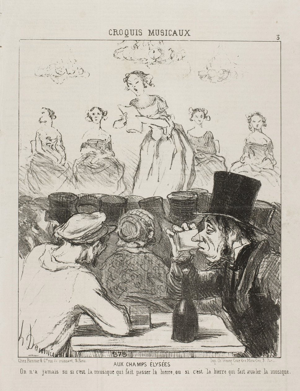 Na Champs-Elysées nebylo nikdy zcela jasné, zda díky hudbě jde pivo dolů, nebo kvůli pivu, kvůli kterému hudbu spolknete, deska 3 z Croquis Musicaux, 1852 od Honoré Daumier