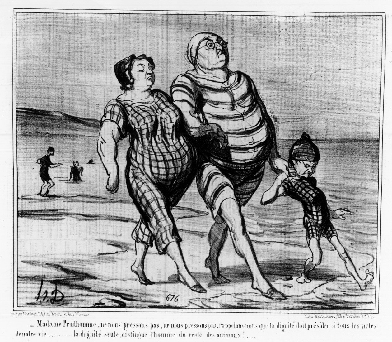 U mořských lázní: pařížská rodina na pláži - od Daumiera, v „“ Charivari““ od Honoré Daumier