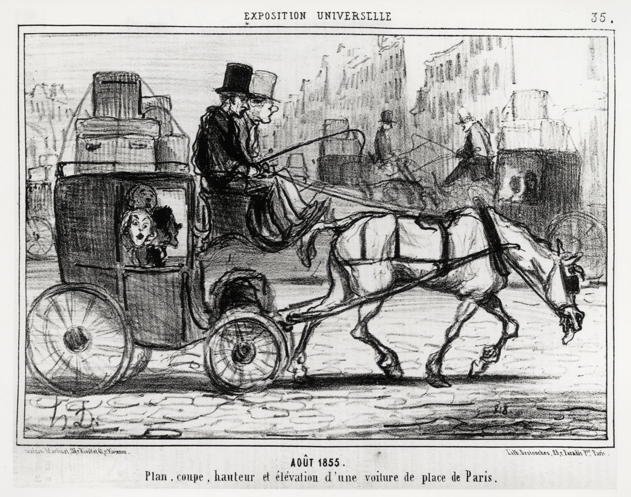 Srpen 1855, univerzální výstava: půdorys, řez, výška a nárys pařížského vozu. Ilustrace Honore Daumier (1808-1879), publikovaná v novinách „“ Charivari“ ze 4. září od Honoré Daumier