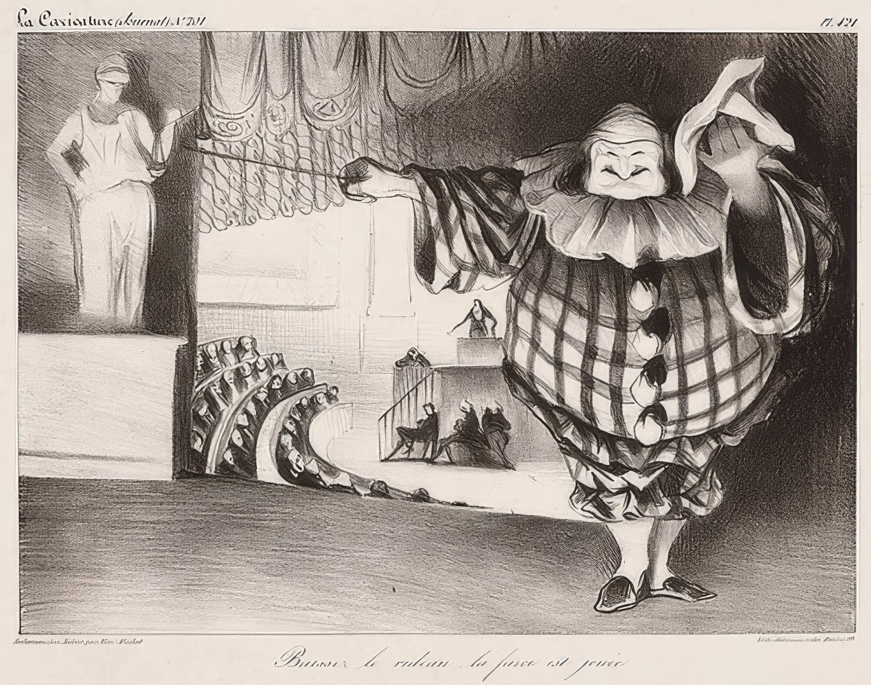 Spusťte oponu, hraje se fraška / Senkt den Vorhang, die Posse ist (také: La Caricature č. 201, 11.09.1834). 1834 od Honoré Daumier