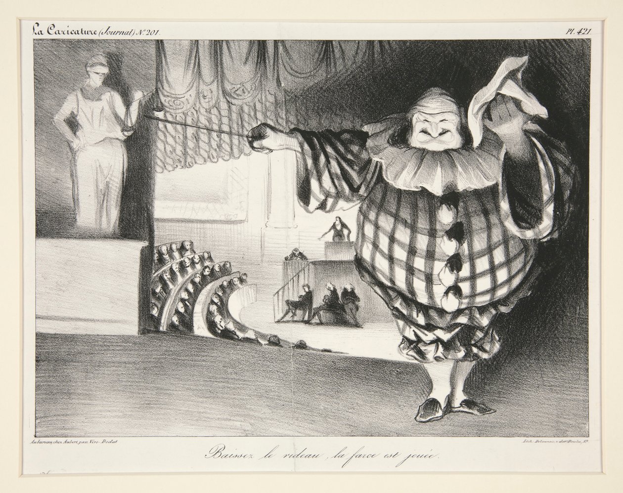 Baissez le rideau, la fraška est jou?e. (Spusťte závěs, fraška je u konce.), pl. 421 z časopisu La Caricature no. 201 od Honoré Daumier