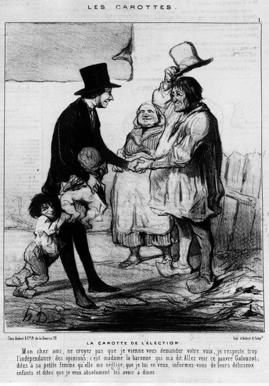 Kandidát na volební návštěvu v rodině rolníků: „“The Carrot of the Election““ – karikatura od Daumiera, v „“Charivari““ z 21.3.1844 od Honoré Daumier