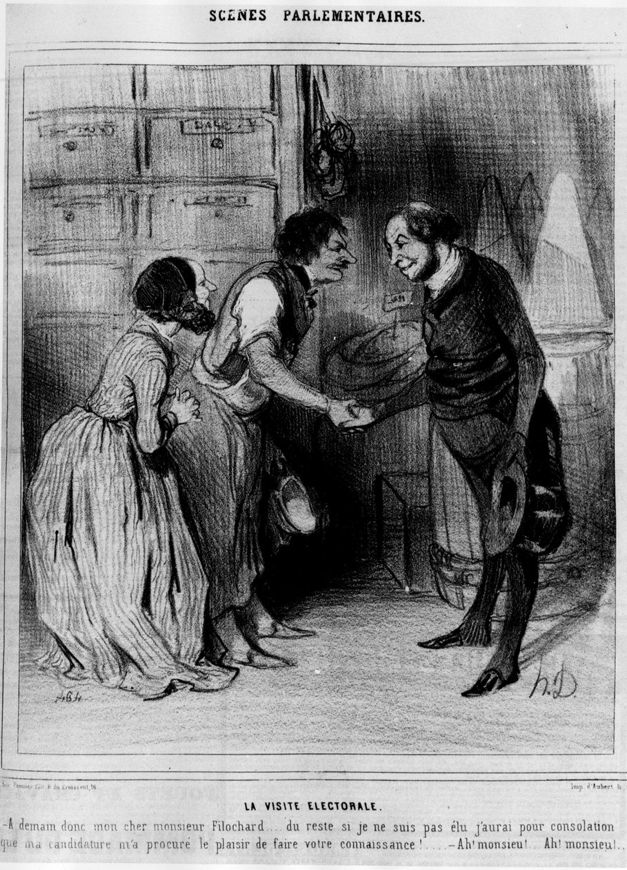 Kandidát na volební návštěvu u obchodníků: „Volební návštěva“““ – kreslený film od Daumiera, v „“Charivari““ z 8. 4. 1844 od Honoré Daumier