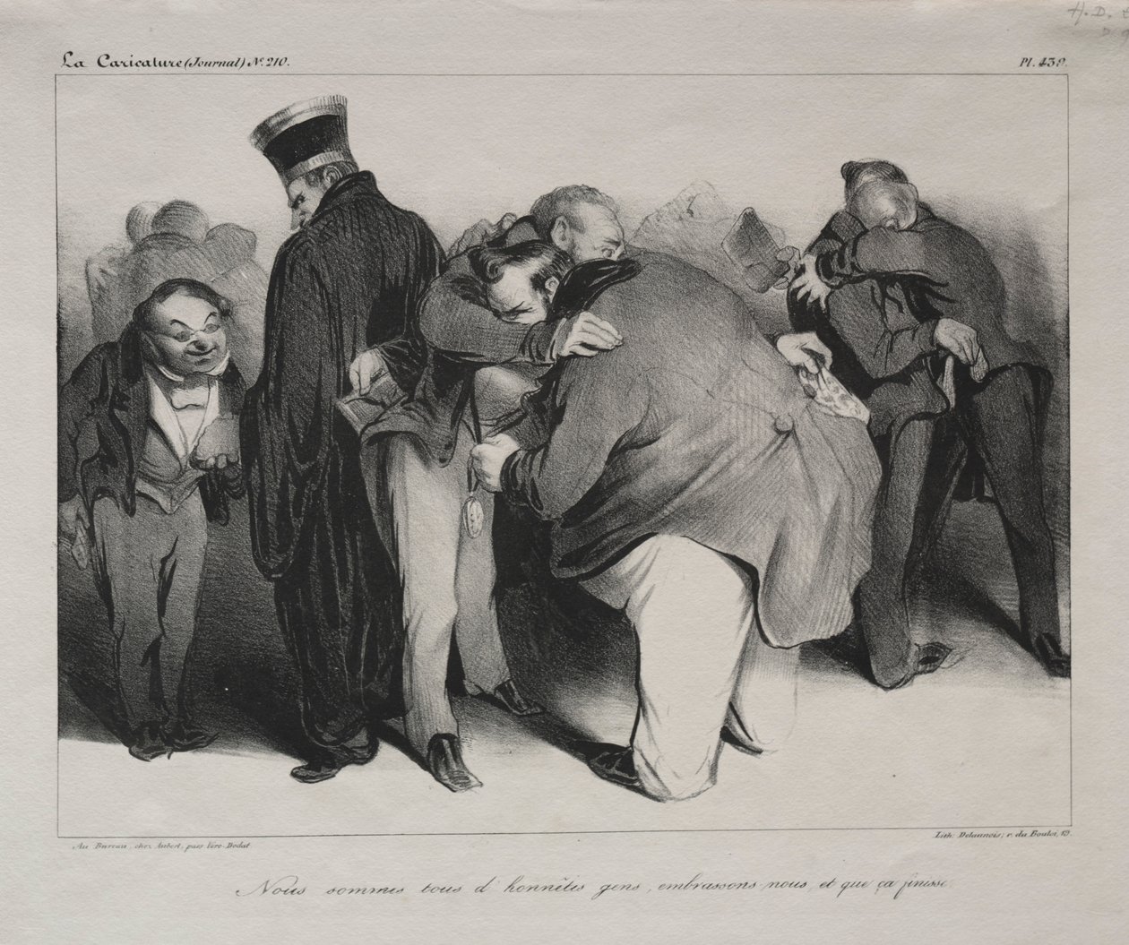 Karikatura, deska 439: Všichni jsme čestní muži, tak se obejmeme a skončeme s tím, 1834. od Honoré Daumier