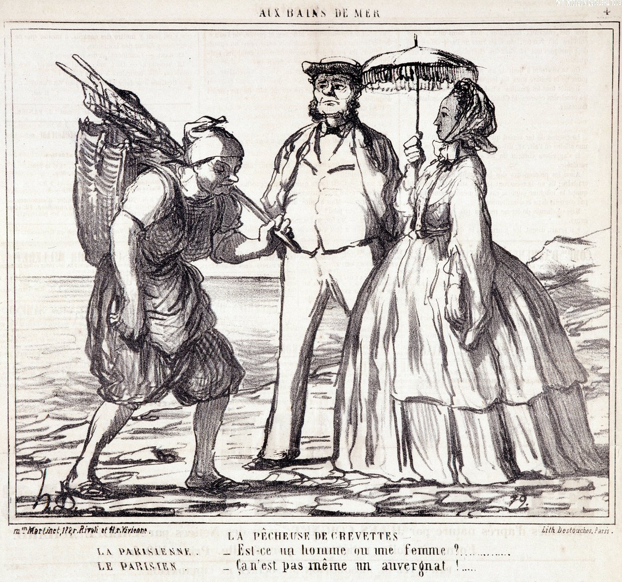 Karikatura o pařížských turistech na dovolené. Série „“ Axe Bains de Mer““: „“ Lov krevet...“ Rytina Honore DAUMIER (1808-1879). Výňatek z novin „“Le Charivari““ z 5. září od Honoré Daumier