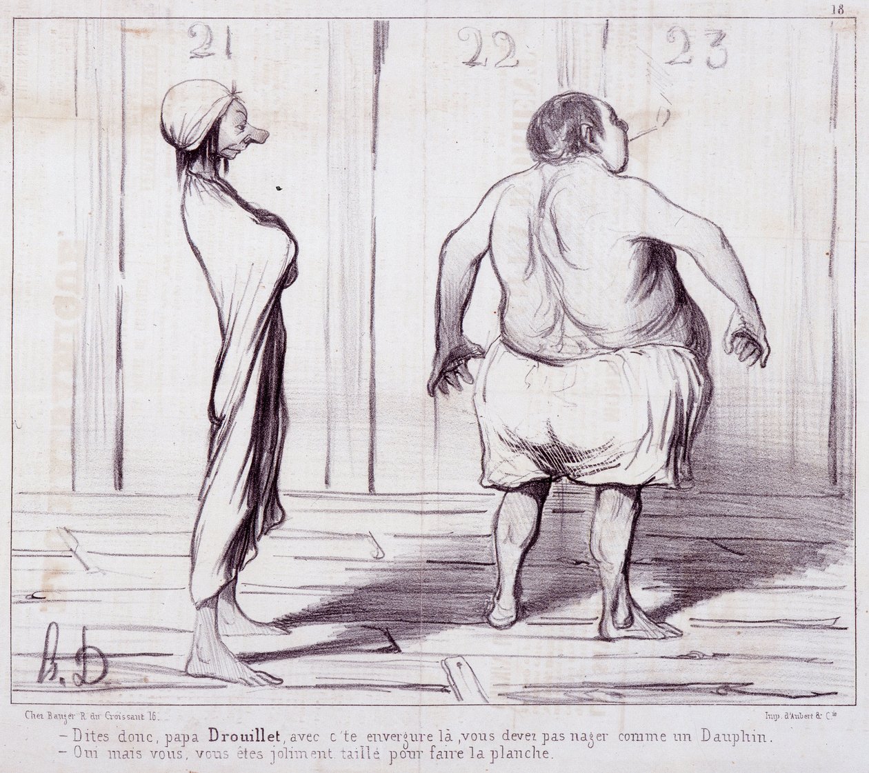 Karikatura o vzhledu. Série „“ The Bathers““: Řekněte tátovi Drouilletovi...““ Rytina Honore DAUMIEROVÉ (1808-1879). Výňatek z novin „“Le Charivari““. Rozměr 25 x 36 cm. box 12 Marseille, Musee des Beaux-Arts, Palais Longchamps, Collection Arts Graphi od Honoré Daumier