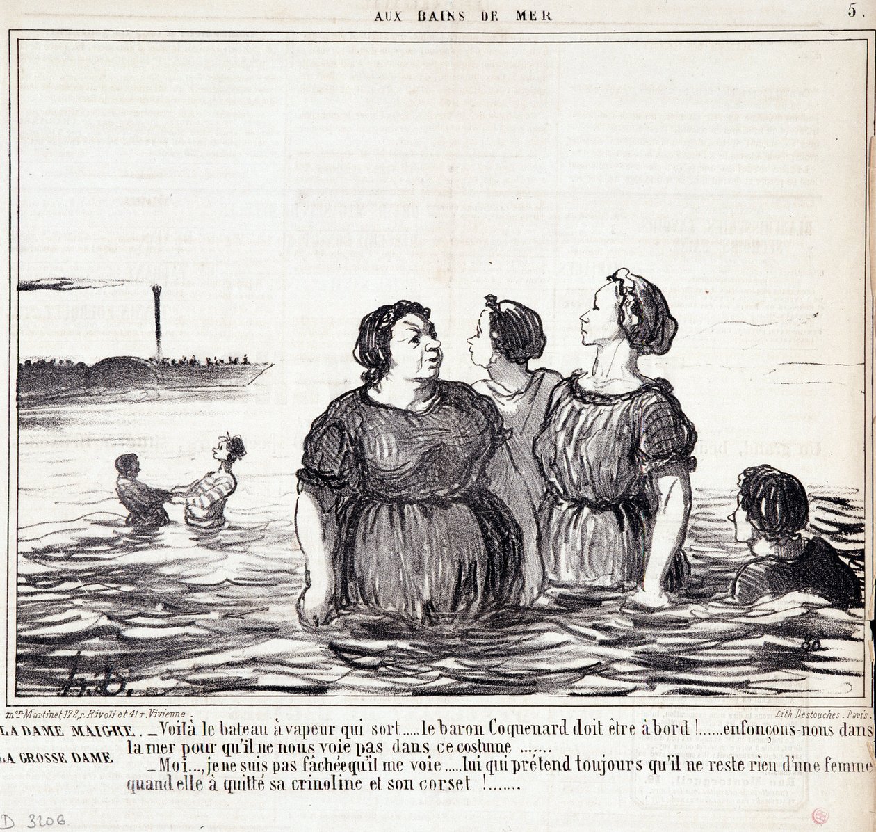 Karikatura o vzhledu a módě. Série „“ Les Bains de Mer““: „“ Hubená dáma (...), tlustá dáma (...)“ Rytina Honore DAUMIER (1808-1879). Výňatek z novin „“Le Charivari““ ze 16. září od Honoré Daumier