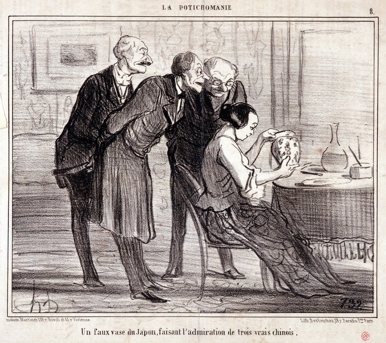 Karikatura o sběratelích umění. Série "" Potichomania"": "" Falešná váza z Japonska obdivující tři Číňany." Rytina Honore DAUMIEROVÉ (1808-1879). Výňatek z novin ""Le Charivari"" od Honoré Daumier