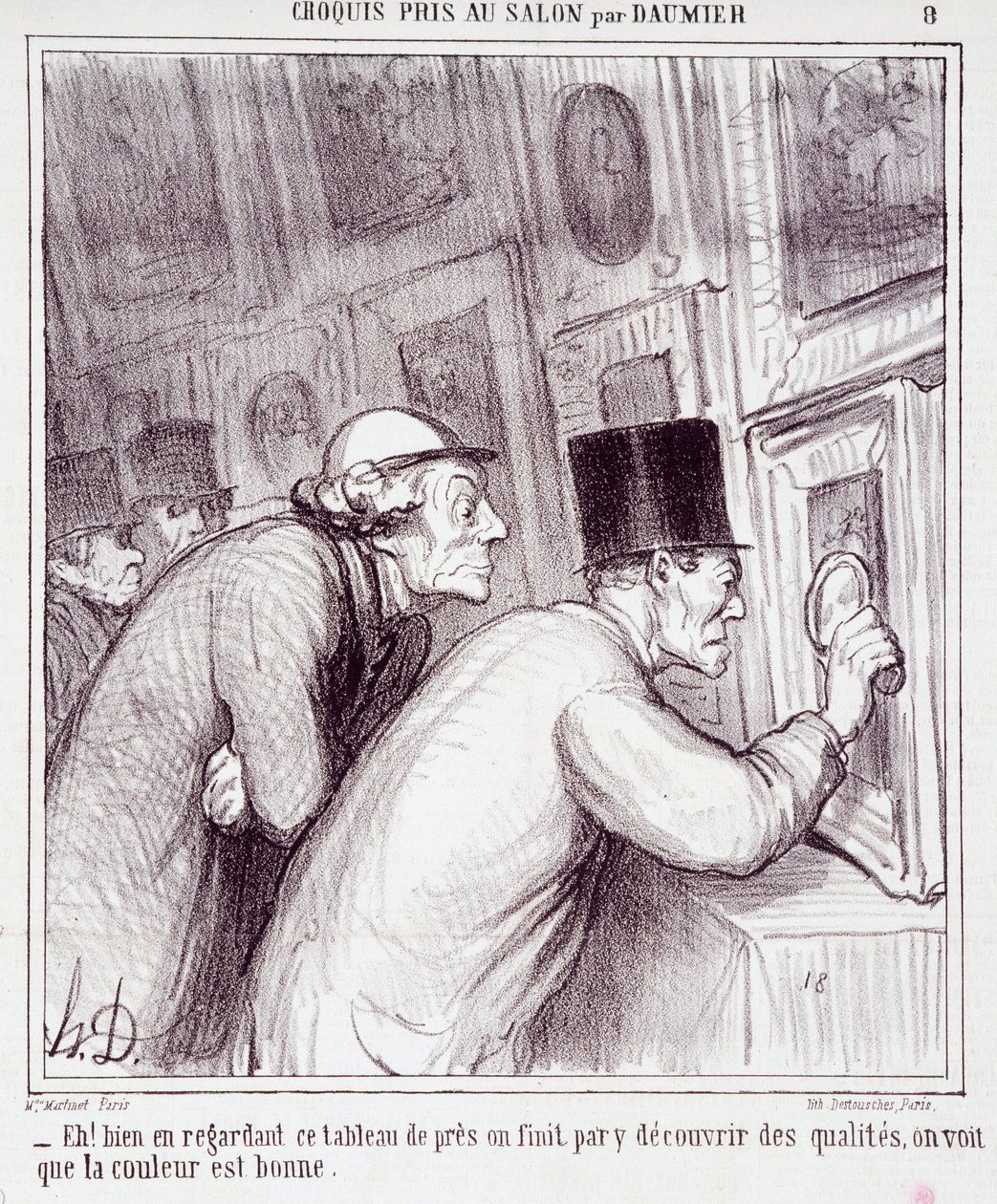 Karikatura o milovníkech umění. Série “” Skica pořízená v Salonu Daumierem”: “” Eh! Když se dobře podíváme na tento obraz, nakonec objevíme kvalitu, vidíme, že barva je dobrá““. Rytina Honore DAUMIEROVÉ (1808-1879). Výňatek z novin „“ Le Chari od Honoré Daumier