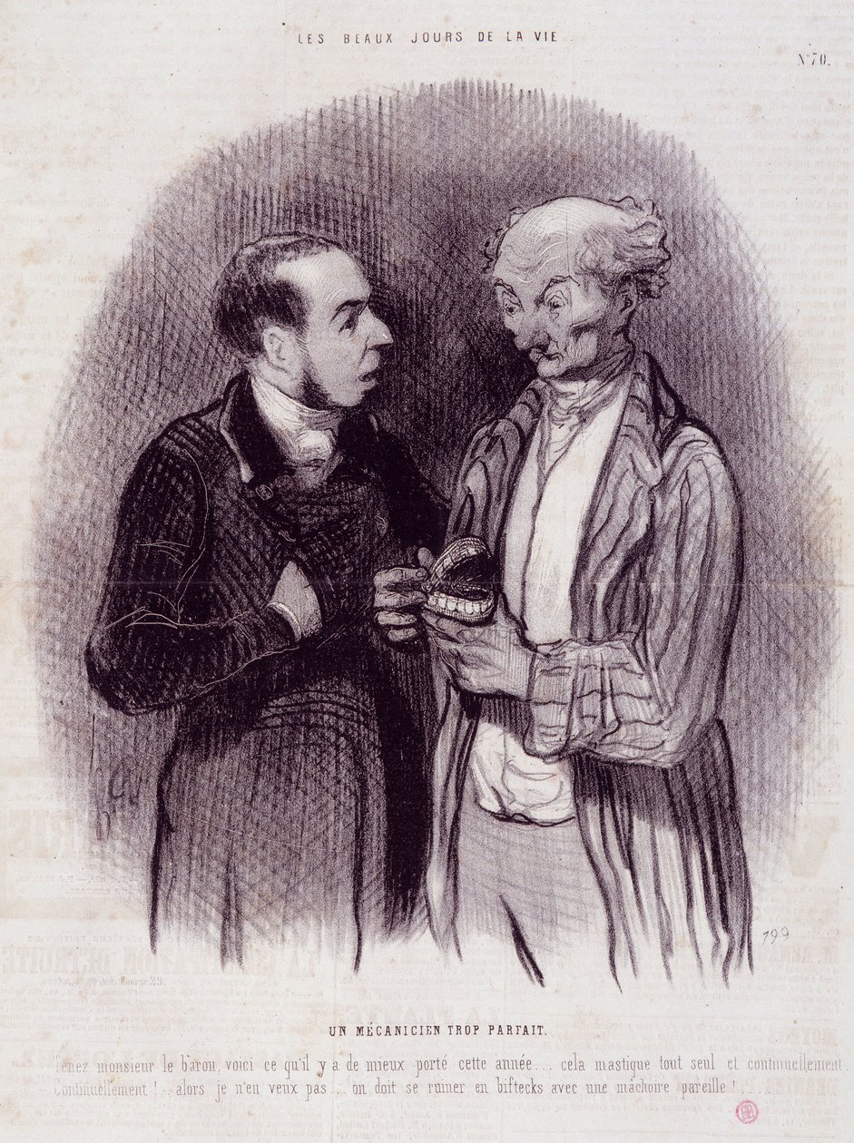 Karikatura o zubních chirurgech. Série „“The Beautiful Days of Life““: Mechanik příliš dokonalý...““. Rytina Honore DAUMIEROVÉ (1808-1879). Výňatek z novin “”Le Charivari”” 22. září od Honoré Daumier