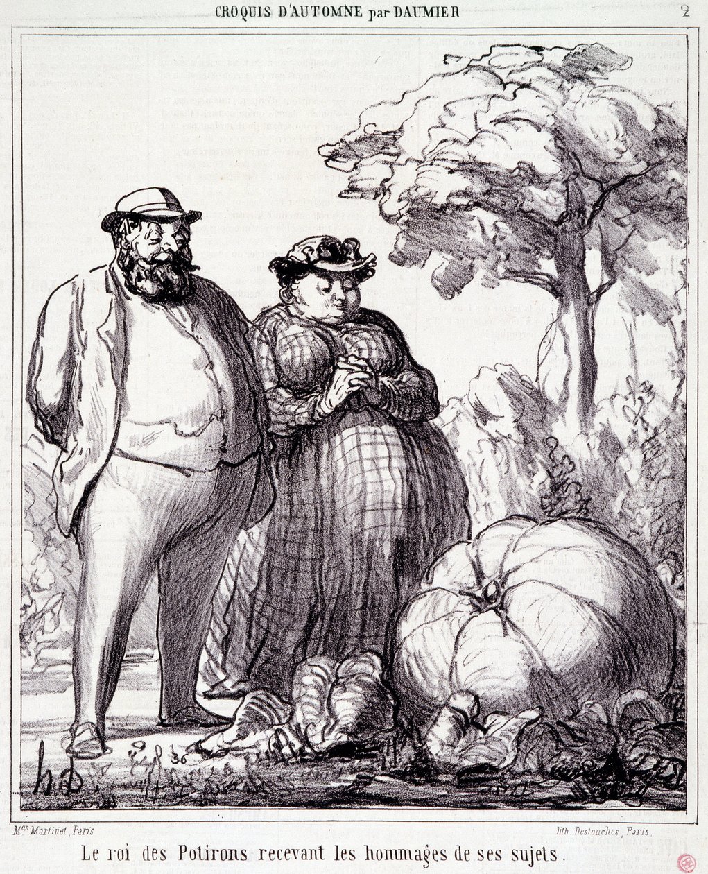 Karikatura o zahradničení. Série „“ Podzimní skica““: „“ Král dýní dostává pocty od svých poddaných““. Rytina Honore DAUMIEROVÉ (1808-1879). Výňatek z novin „“Le Charivari““ z 23. září od Honoré Daumier