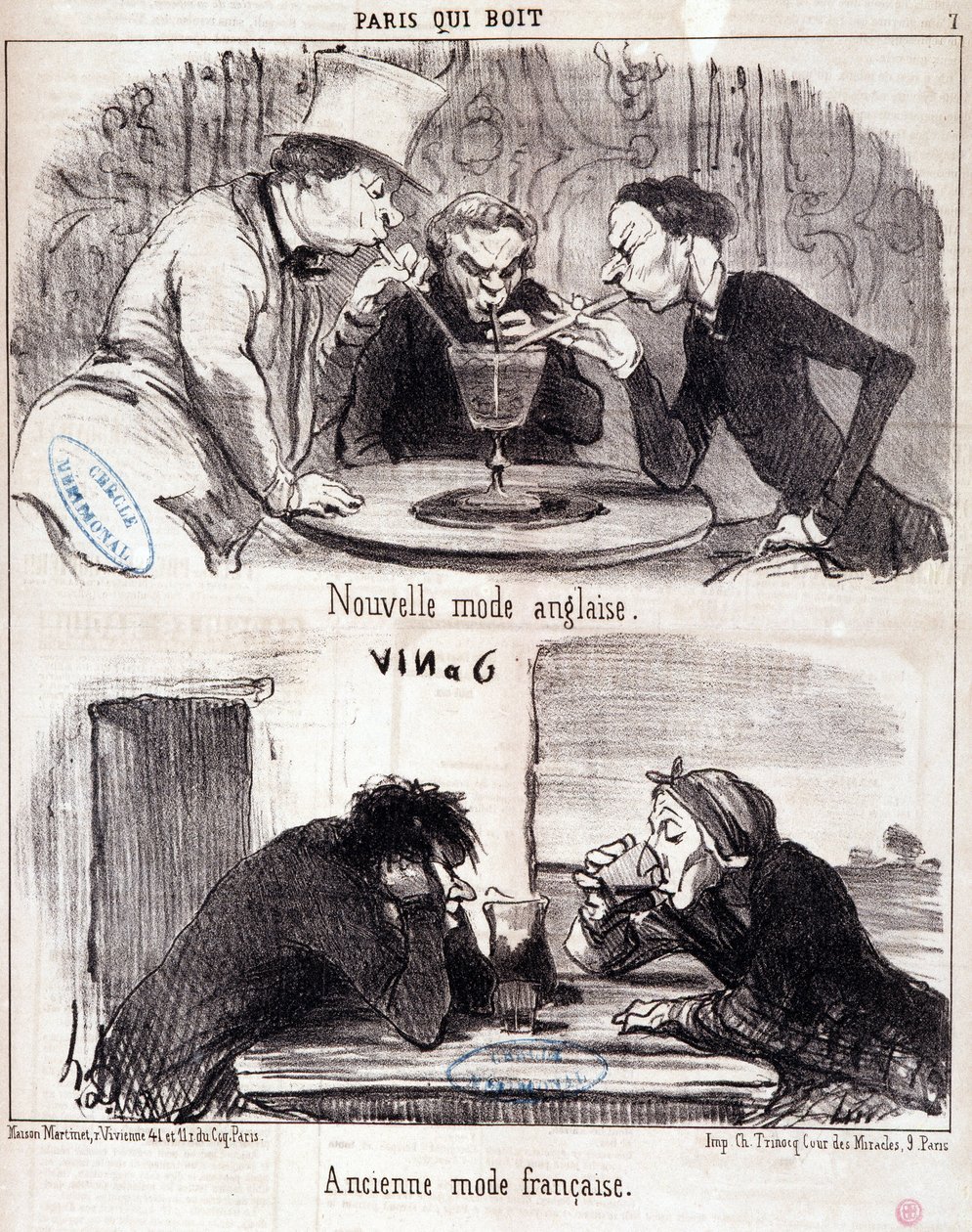 Karikatura o gastronomickém zneužívání. Série „Paris qui drinks“: nová anglická móda a stará francouzská móda. Rytina Honore DAUMIEROVÉ (1808-1879). Výpis z novin “” Le Charivari”” 23. června 1852 Rozměr 37x26 cm Inv D 2312 - krabice 24 N¡7. Marseille, Múz od Honoré Daumier