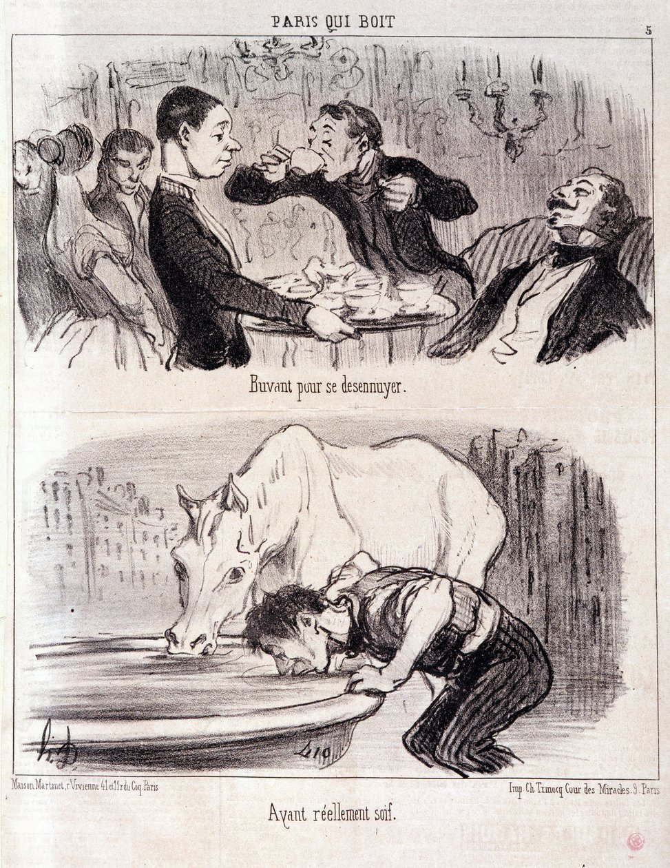 Karikatura o gastronomickém zneužívání. Pití seriálu Paris: „“ Pití, aby se člověk nudil. Opravdu žízeň." Rytina Honore DAUMIEROVÉ (1808-1879). Výpis z novin “” Le Charivari”” 16. června 1852 Rozměr 37x26cm Inv D 2310 - krabice 24 N¡5. Marseille, Musee des od Honoré Daumier