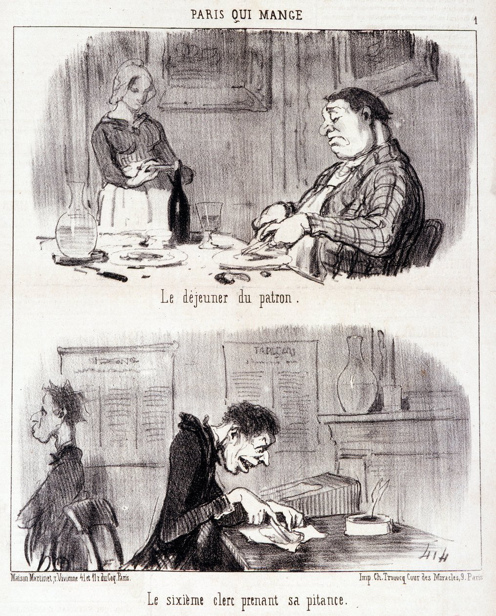 Karikatura o gastronomickém zneužívání. Serie "" Paris qui mange "": Šéfova snídaně. Šestý úředník si bere na milost. Rytina Honore DAUMIEROVÉ (1808-1879). Výňatek z novin „“Le Charivari““ z 26. června od Honoré Daumier
