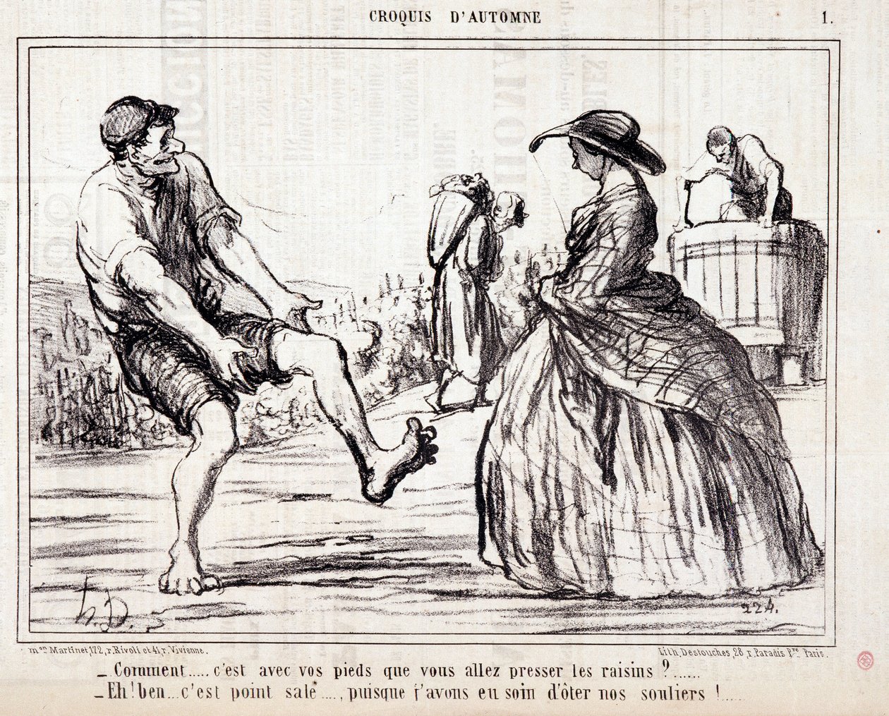 Kreslený film o kombajnech, kteří šlapou po hroznech naboso. Série „“ Podzimní skica““: „“ Jak... budete mačkat hrozny nohama? ...“ Rytina Honore DAUMIEROVÉ (1808-1879). Výňatek z novin ""Le Charivari"" od Honoré Daumier