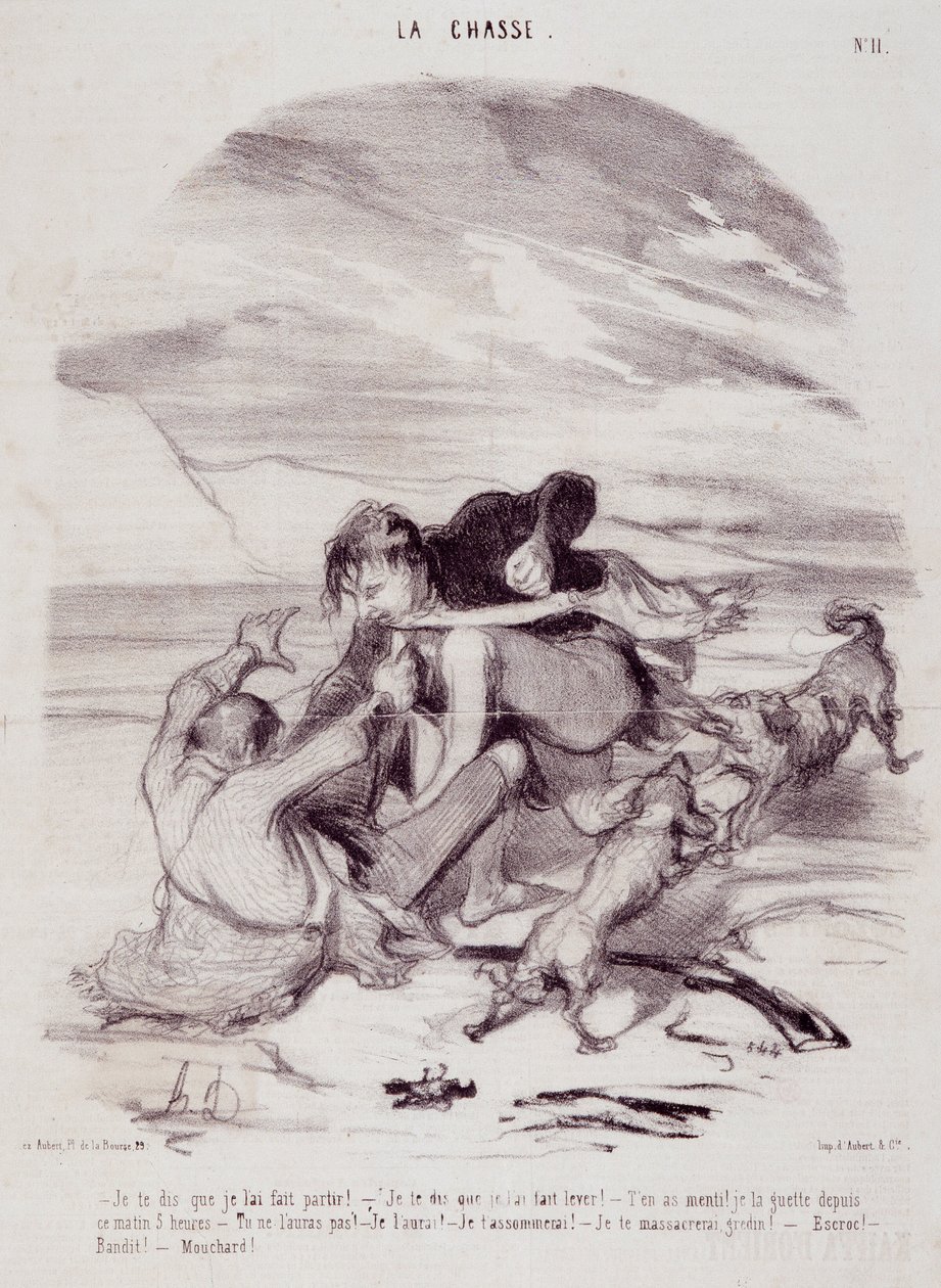 Karikatura o lovcích. Série „“ The Beautiful Days of Life – The Hunting““: „“ Říkám vám, že jsem ho přiměl odejít...““ Rytina Honore DAUMIEROVÉ (1808-1879). Výňatek z novin „“Le Charivari““ z 10. ledna od Honoré Daumier