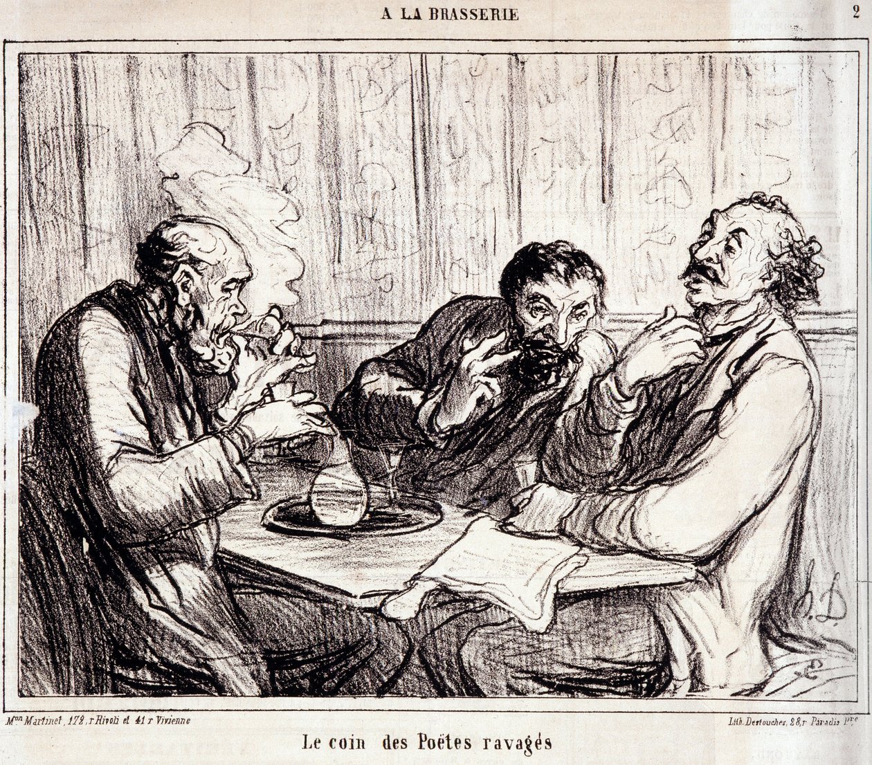Karikatura o autorech básní. Série „“ A la brasserie““: „“ Roh zpustošených básníků“““. Rytina Honore DAUMIEROVÉ (1808-1879). Výňatek z novin “”Le Charivari”” 7. ledna od Honoré Daumier
