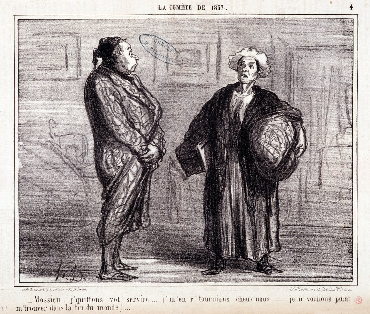 Karikatura o vědě. Série „“ Na kometě roku 1857““: „“ Mossieu, opouštím vaše služby...““ Rytina Honore DAUMIEROVÉ (1808-1879). Výňatek z novin „“Le Charivari““ z 13. března od Honoré Daumier