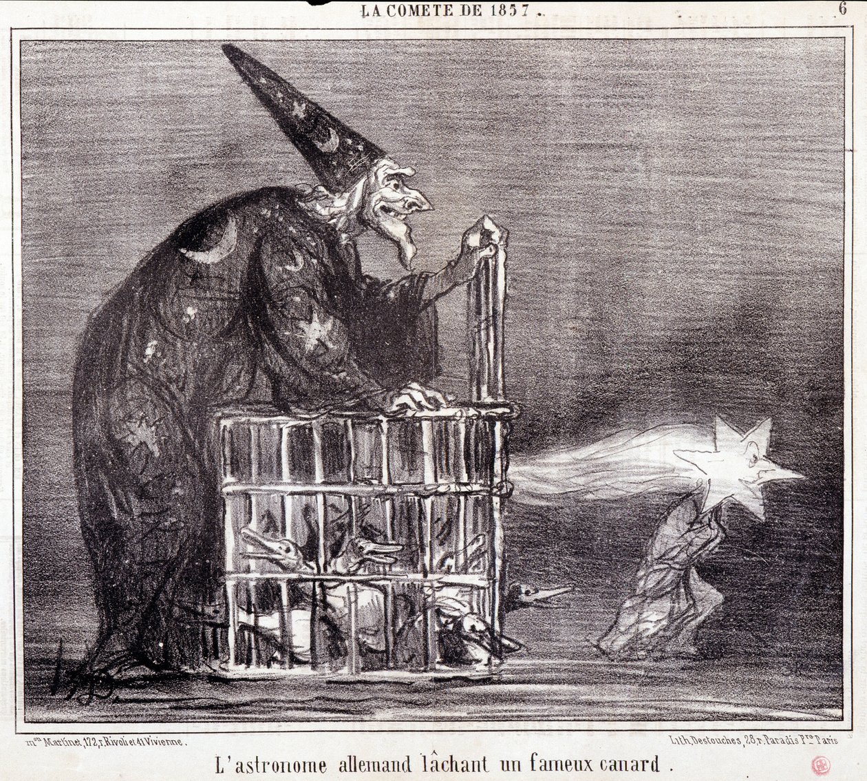 Karikatura o vědě. Serie Sur „“ kometa roku 1857““: „“ Německý astronom zanechávající slavnou kachnu“““. Rytina Honore DAUMIEROVÉ (1808-1879). Výňatek z novin ““Le Charivari”” 2. března od Honoré Daumier