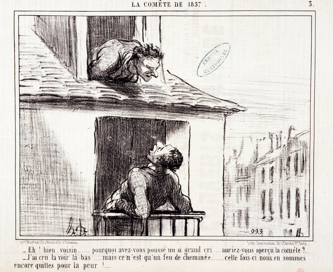 Karikatura o vědě. Serie Sur “” kometa roku 1857””””: “” No sousede... proč jsi tak křičel...”” Rytina Honore DAUMIEROVÉ (1808-1879). Výňatek z novin „“Le Charivari““ z 11. března od Honoré Daumier