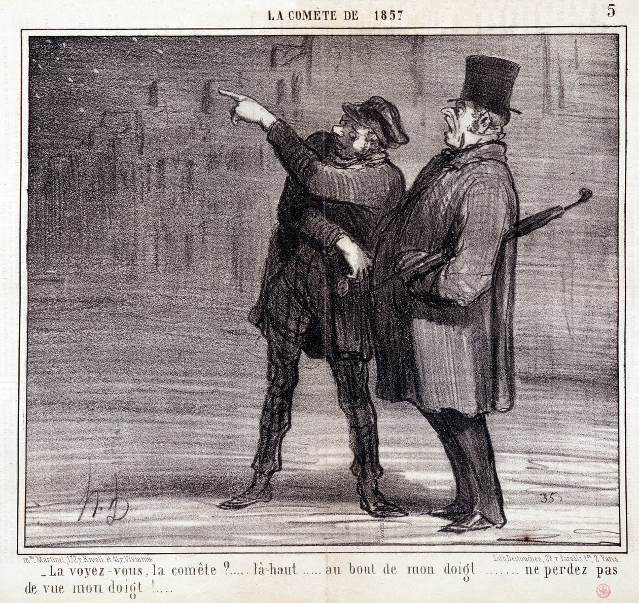 Karikatura o vědě. Seriál o „“ kometě roku 1857“: „“ Vidíš výbor?...“ Zloděj odvádí pozornost své oběti. Rytina Honore DAUMIEROVÉ (1808-1879). Výňatek z novin “”Le Charivari”” 19. března od Honoré Daumier
