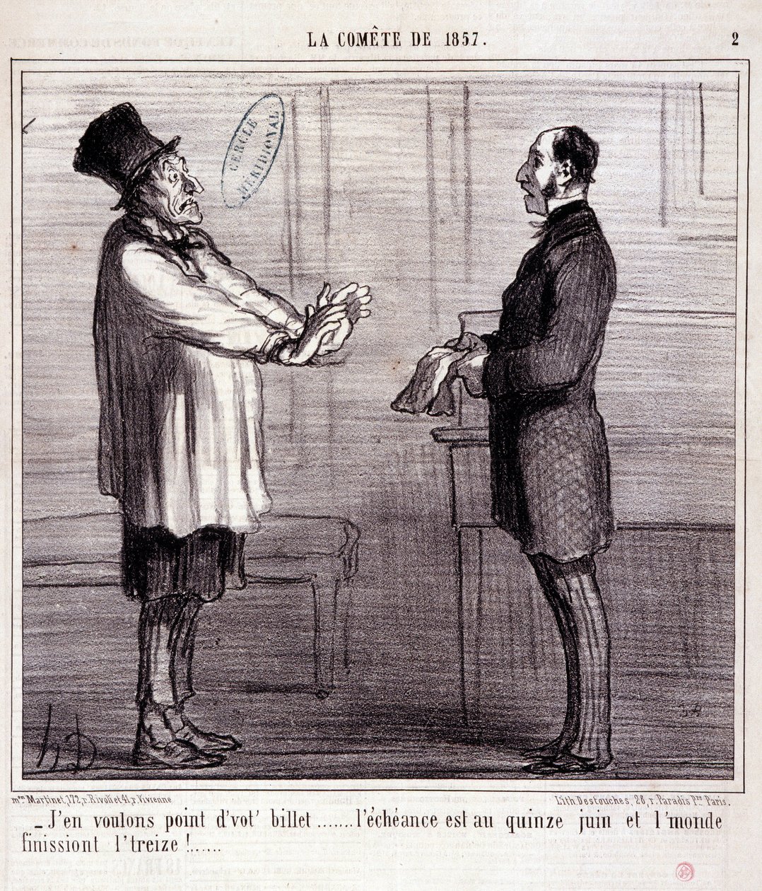 Karikatura o vědě. Série o „“ kometě roku 1857““: Nechci lístek...“ Rytina Honore DAUMIER (1808-1879). Výňatek z novin ““Le Charivari”” 4. března od Honoré Daumier