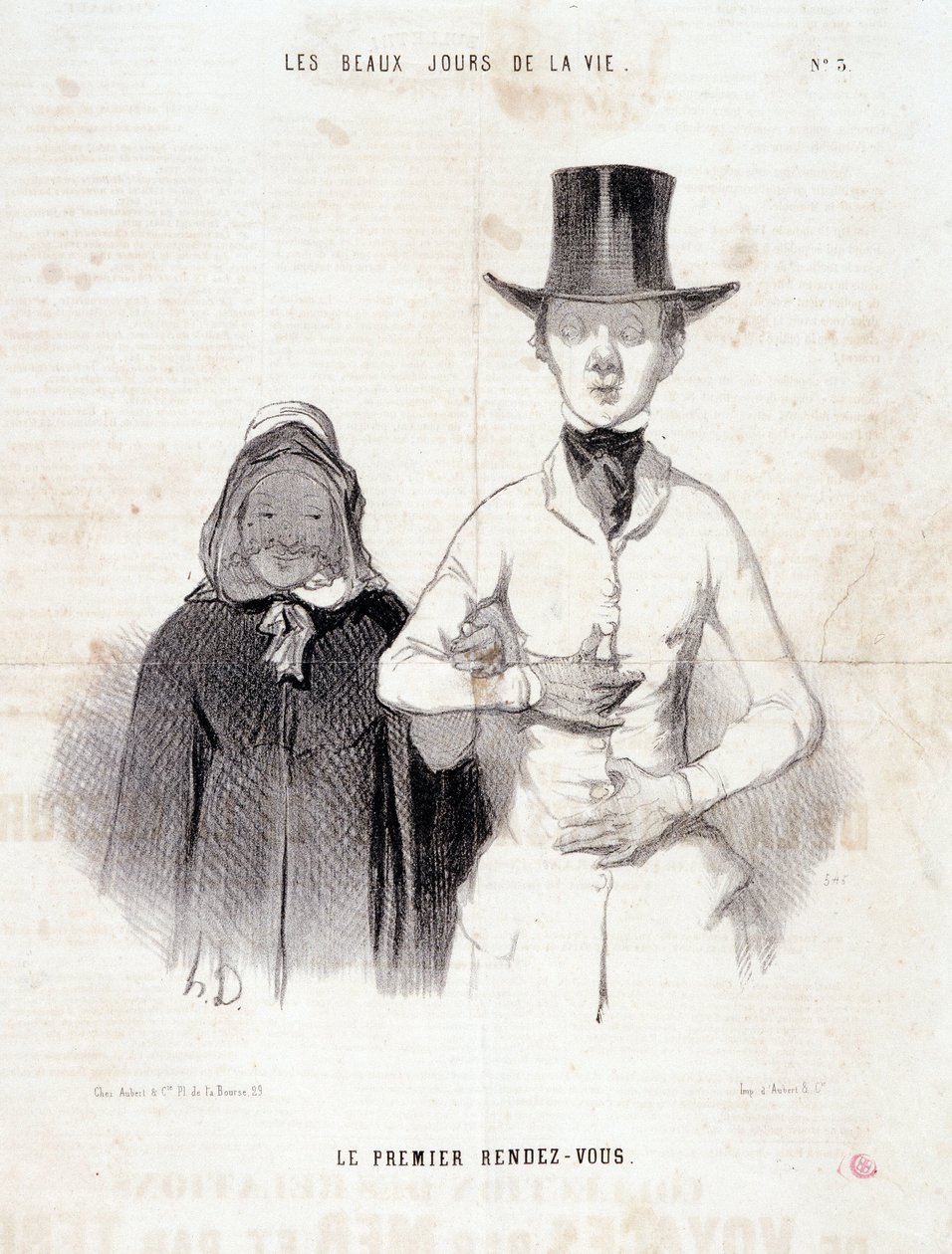 Karikatura o páru: Série „“ Krásné dny života““: „První rande““. Rytina Honore DAUMIEROVÉ (1808-1879). Výňatek z novin „“Le Charivari“, 2.–3. ledna od Honoré Daumier