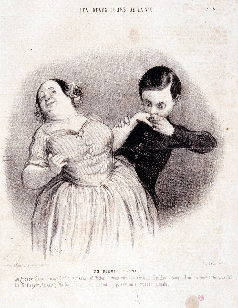 Karikatura o páru. Série „“ Krásné dny života““: „“ Galantní začátek...““ Rytina Honore DAUMIEROVÉ (1808-1879). Výňatek z novin „“Le Charivari““ z 10. července od Honoré Daumier