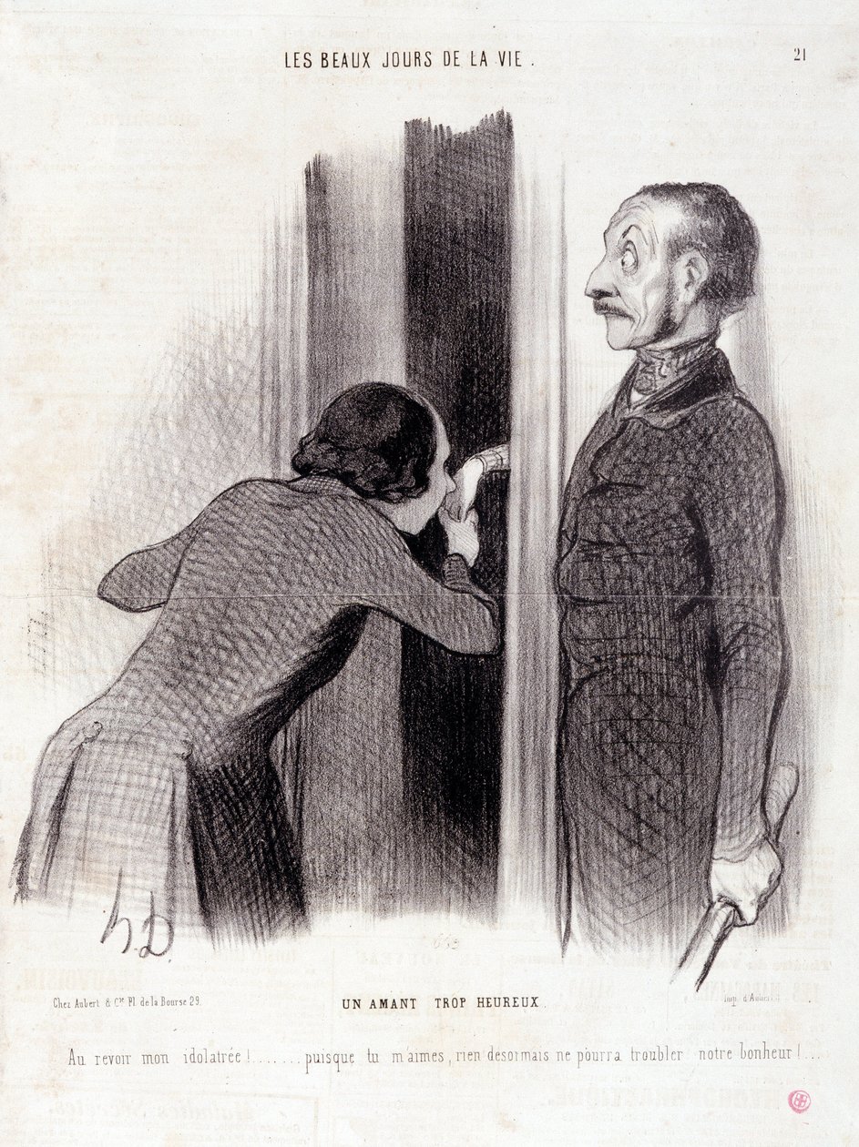 Karikatura o páru. Série „“ The Beautiful Days of Life““: „“ Milenec příliš šťastný...“ Rytina Honore DAUMIER (1808-1879). Výňatek z novin „“Le Charivari““ z 1. září od Honoré Daumier