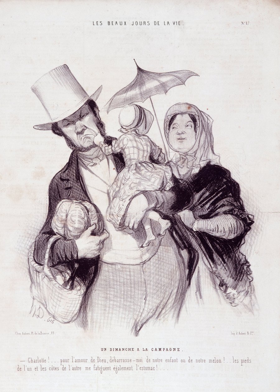 Karikatura o rodině. Série „“The Beautiful Days of Life“““: Neděle na venkově...“ Rytina Honore DAUMIER (1808-1879). Výňatek z novin „“Le Charivari““ z 21. července od Honoré Daumier