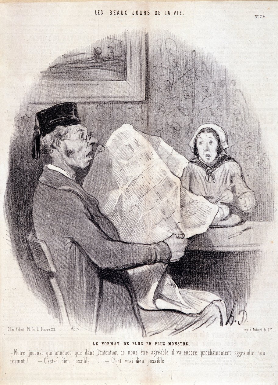 Karikatura o tisku. Série “” The Beautiful Days of Life”””: “” Formát stále více monster...””. Rytina Honore DAUMIEROVÉ (1808-1879). Výňatek z novin „“Le Charivari““ z 18. října od Honoré Daumier