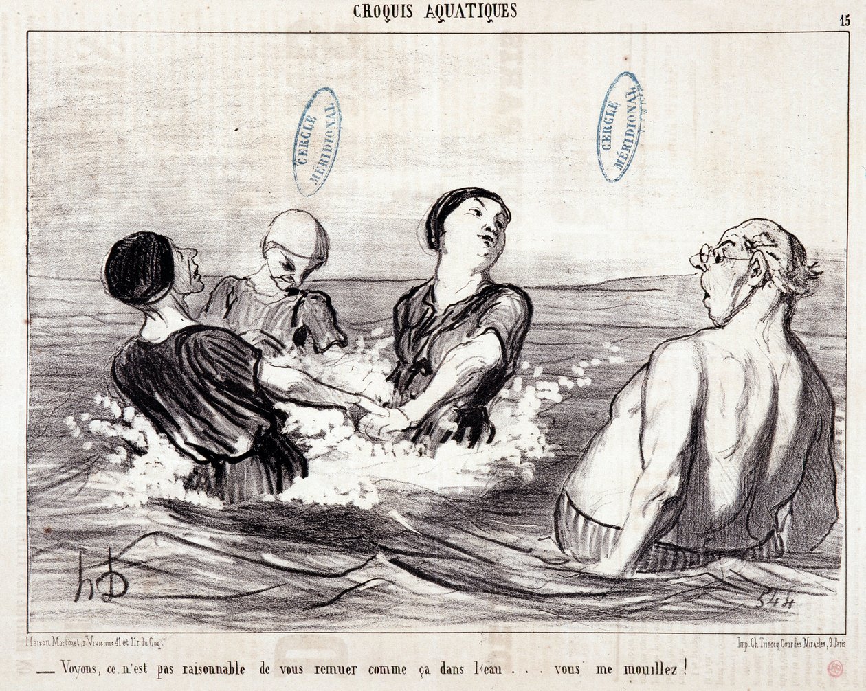 Karikatura o turistech na dovolené u moře. Série „“ Les Bains de Mer““: „“ Vodní skica. Podívejme se, že není rozumné tě takhle míchat ve vodě... ty jsi mě smočil!“ Rytina Honore DAUMIEROVÉ (1808-1879). Výňatek z novin „“ Le Chariv od Honoré Daumier
