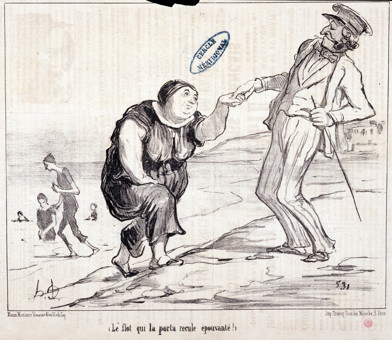Karikatura o turistech na dovolené. Serie “” Axe Bains de Mer: “” Potopa, která to děsivě odnesla! “” Rytina Honore DAUMIEROVÉ (1808-1879). Výňatek z novin ""Le Charivari"" od Honoré Daumier
