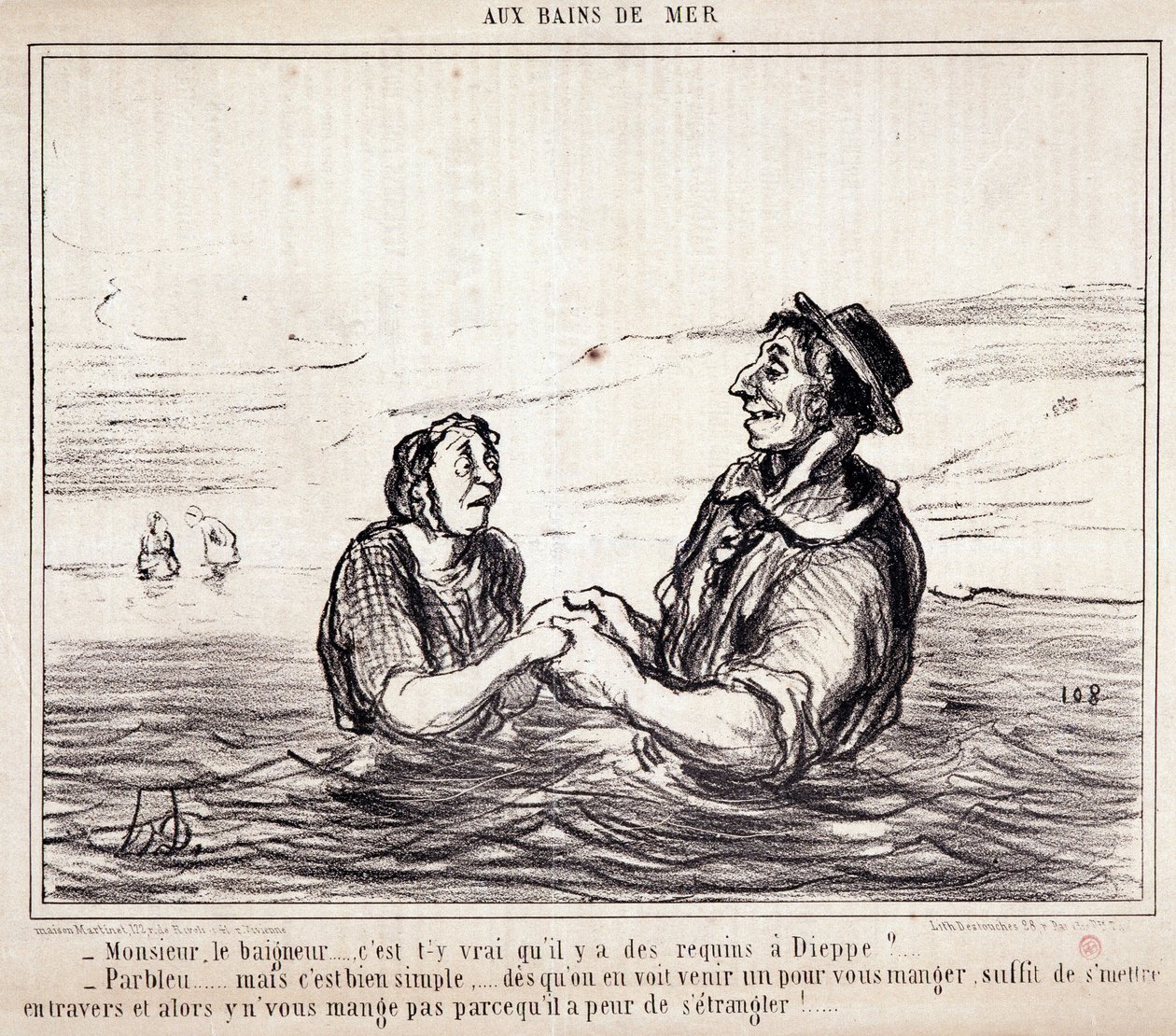 Karikatura o turistech na dovolené. Serie „“ aux Bains de Mer““: „“ Monsieur le bathneur... je pravda, že v Dieppe jsou žraloci?...“ Rytina Honore DAUMIEROVÉ (1808-1879). Výňatek z novin „“Le Charivari““ z 8. června od Honoré Daumier