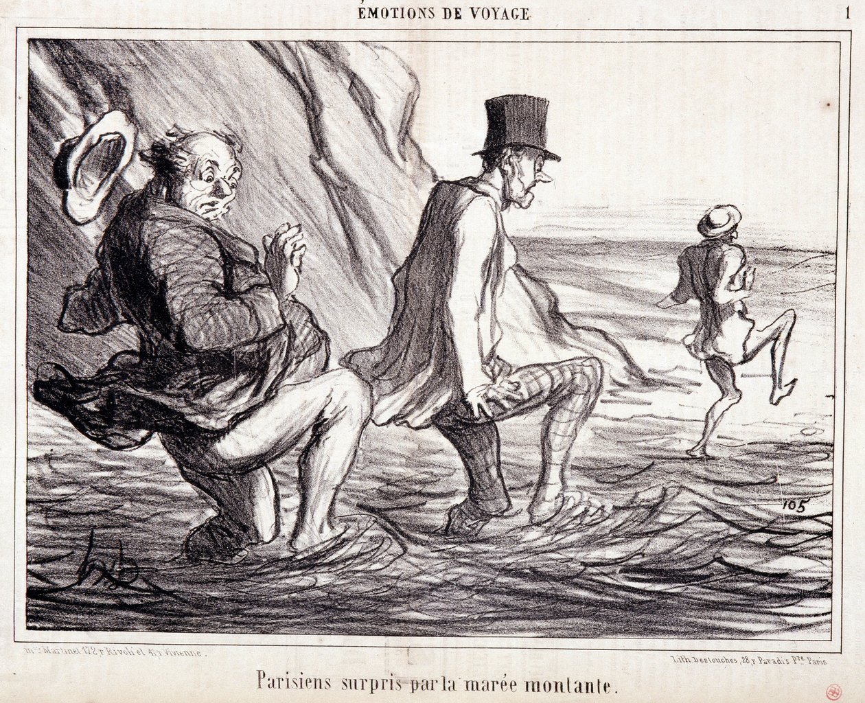 Karikatura o turistech na dovolené. Série „“ Axe Bains de Mer: „“ Cestovatelské emoce. Pařížan chycen stoupající klisnou““. Rytina Honore DAUMIEROVÉ (1808-1879). Výňatek z novin „“Le Charivari““ z 8. října od Honoré Daumier