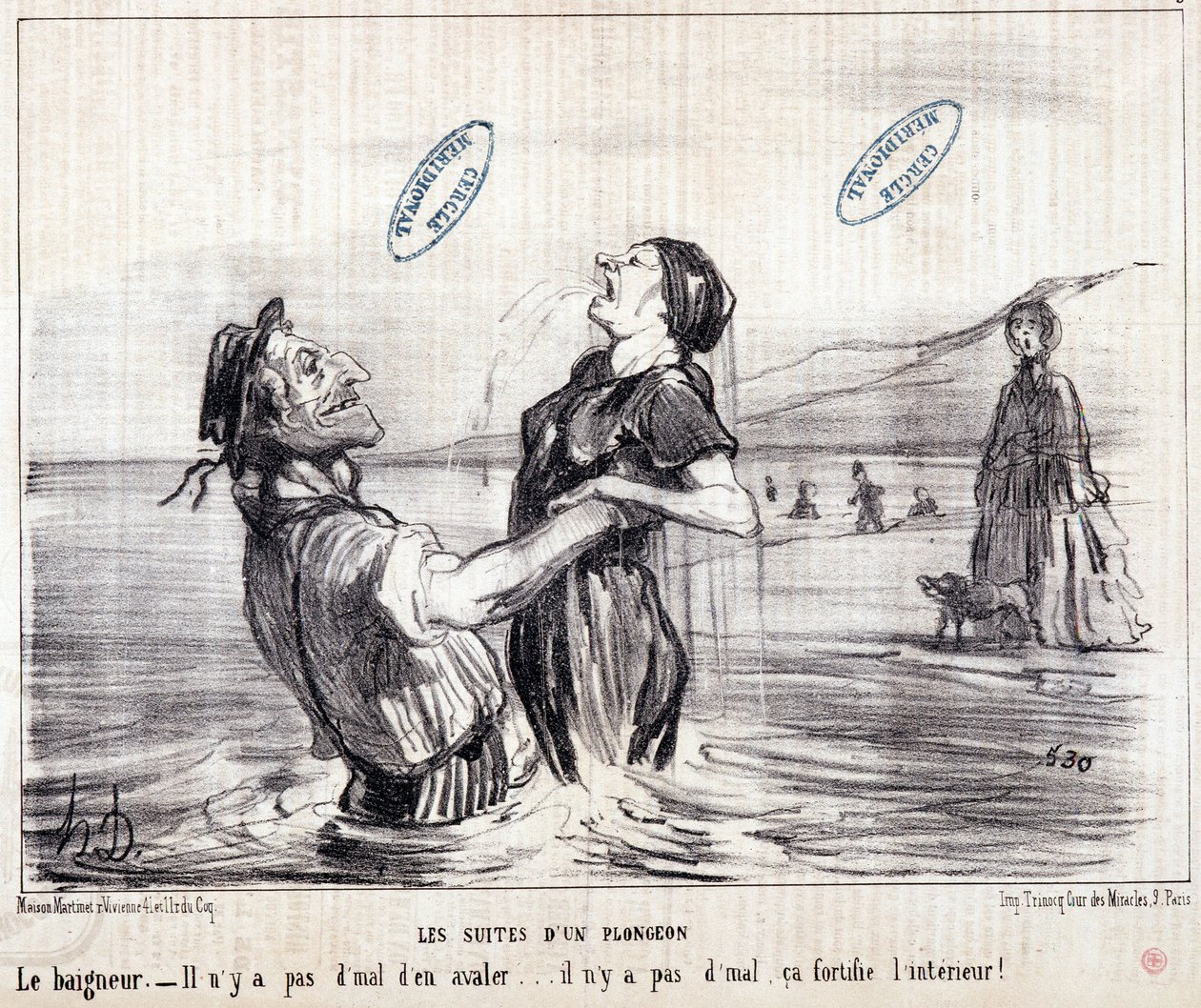 Karikatura o turistech na dovolené. Série „“ Les Bains de Mer““: „“ Vodní skica. Sekvence ponoru““. Rytina Honore DAUMIEROVÉ (1808-1879). Výtah z novin „“Le Charivari““ z roku 1853. Rozměr: 24x28cm. Inv 2453 - box 12 N¡1. Marseille, M od Honoré Daumier