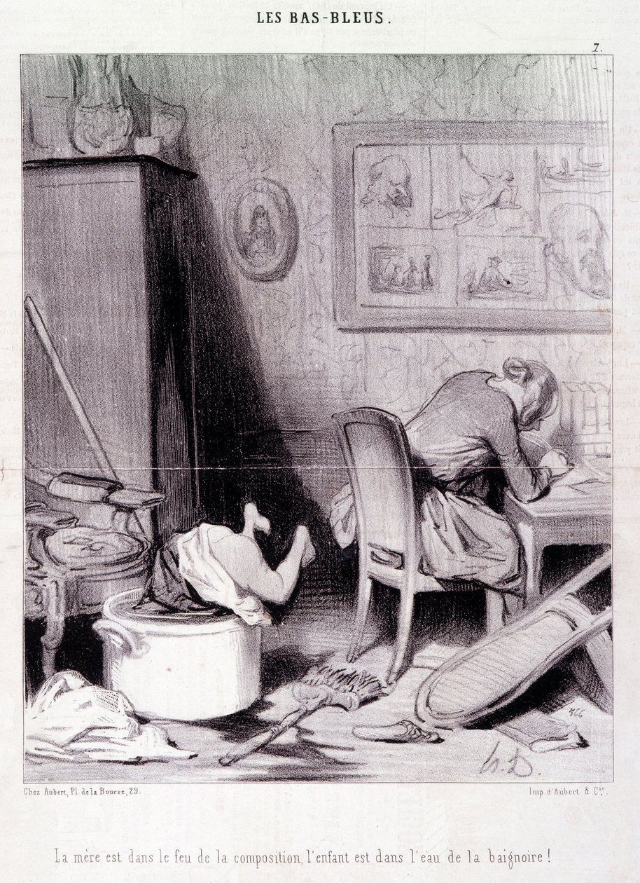 Karikatura o spisovatelkách. Serie “” Bas Bleus””””: “” Matka je v ohni kompozice, dítě je ve vodě vany! “” Rytina Honore DAUMIEROVÉ (1808-1879). Výňatek z novin „“Le Charivari““ z 20. února od Honoré Daumier