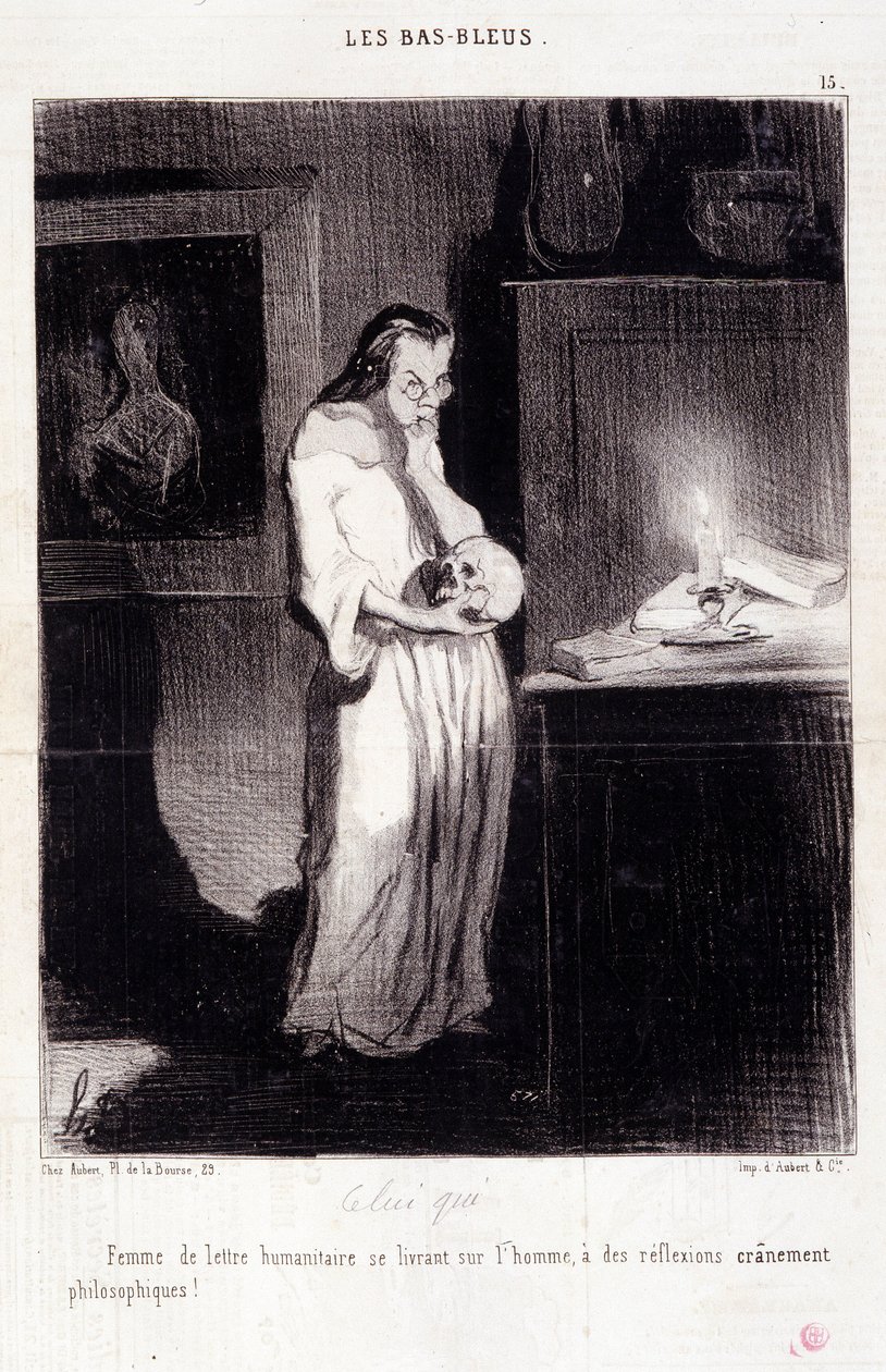 Karikatura o spisovatelkách. Serie "" Les Bas Bleus "": "" Žena z humanitárního dopisu oddávající se muži děsivě filozofických úvah! “” Rytina Honore DAUMIEROVÉ (1808-1879). Výňatek z novin „“Le Charivari““ z 10. března od Honoré Daumier