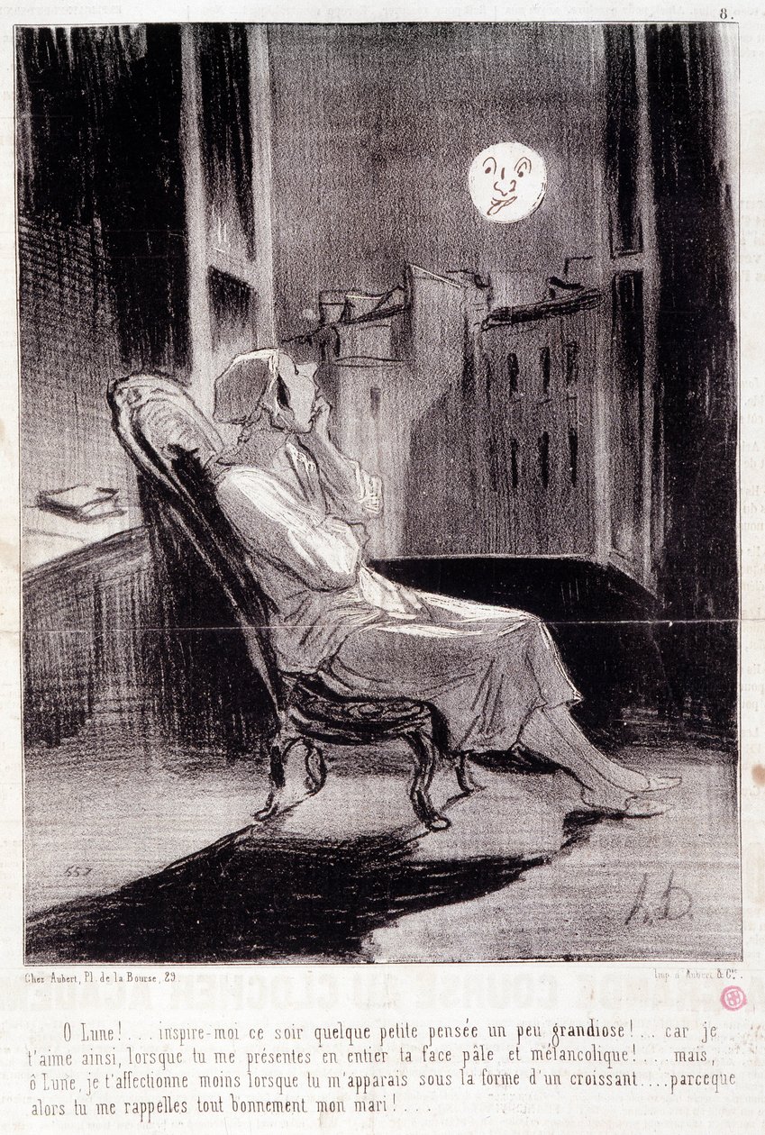 Karikatura o spisovatelkách. Série “” Bas Bleus”””: “” O! Moon mě dnes večer inspiruje...““ Rytina Honore DAUMIEROVÉ (1808-1879). Výňatek z novin “”Le Charivari”” 28. února od Honoré Daumier