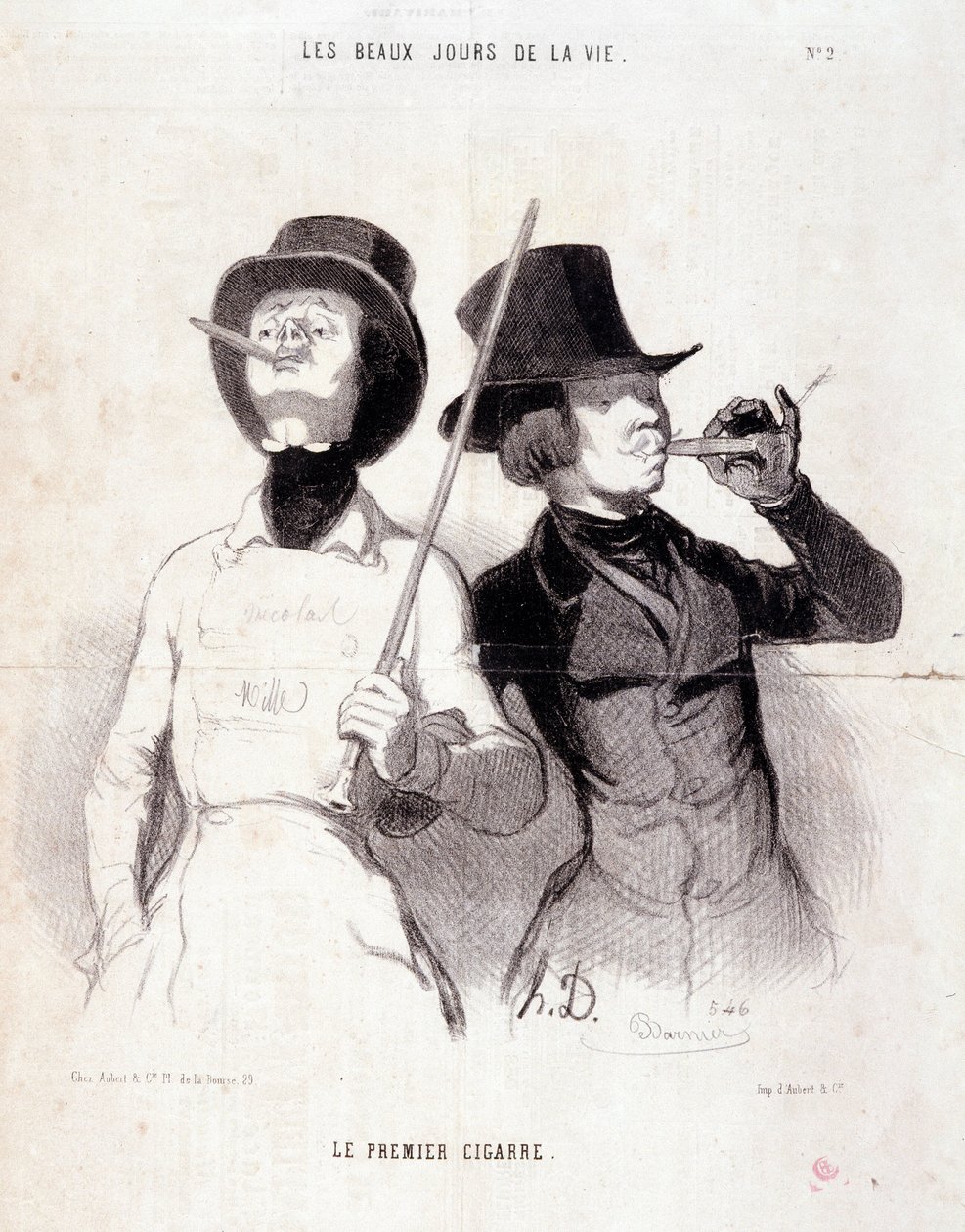 Karikatura o mladém Dandysovi. Série „“ Krásné dny života““: „“ První doutník““. Rytina Honore DAUMIEROVÉ (1808-1879). Výpis z novin “” Le Charivari”” z 31. prosince 1843 Rozměr 37x25 cm Inv 1089 - krabice 8 N¡2. Marseille, Musee des Beaux od Honoré Daumier